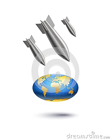 Realistic stylized aerial bomb falls on planet globe Vector Illustration